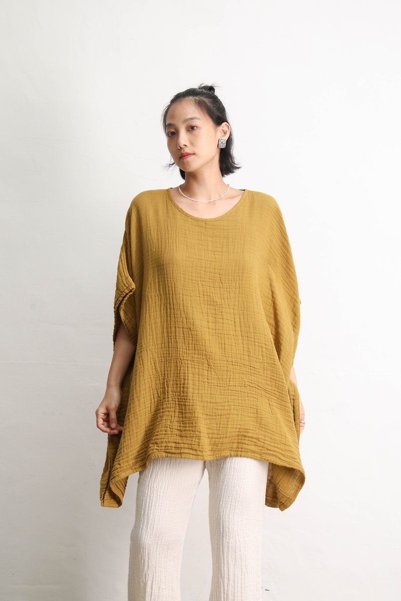 Dropped shoulder half-sleeve top in mustard yellow - เสื้อผู้หญิง - ผ้าฝ้าย/ผ้าลินิน สีเหลือง