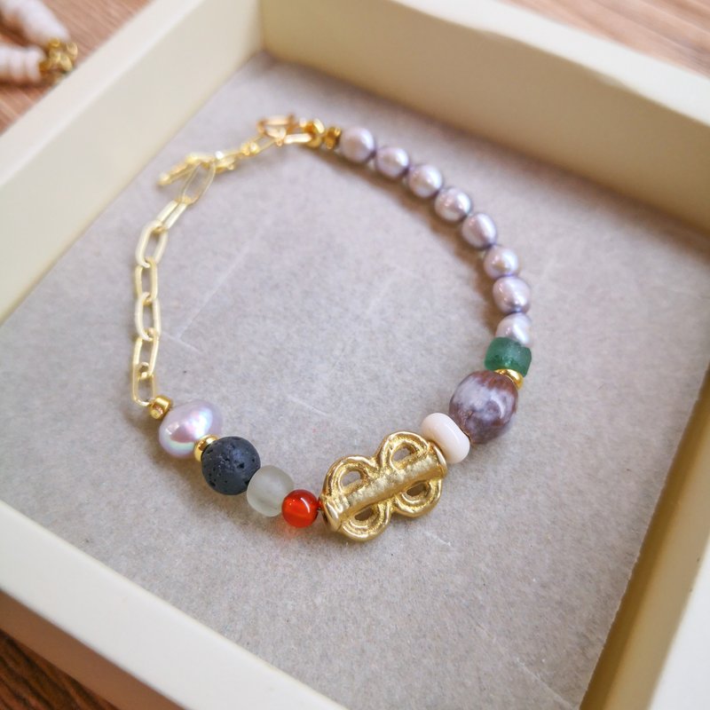 8-character five-color Stone blessing and good luck bracelet - Bracelets - Gemstone Gold