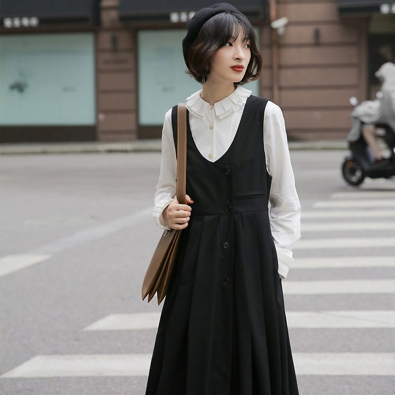 French Retro Pleated Vest Skirt | Dress | Vest Skirt | Autumn Style | Polyester Fiber | Sora-354 - One Piece Dresses - Polyester Black