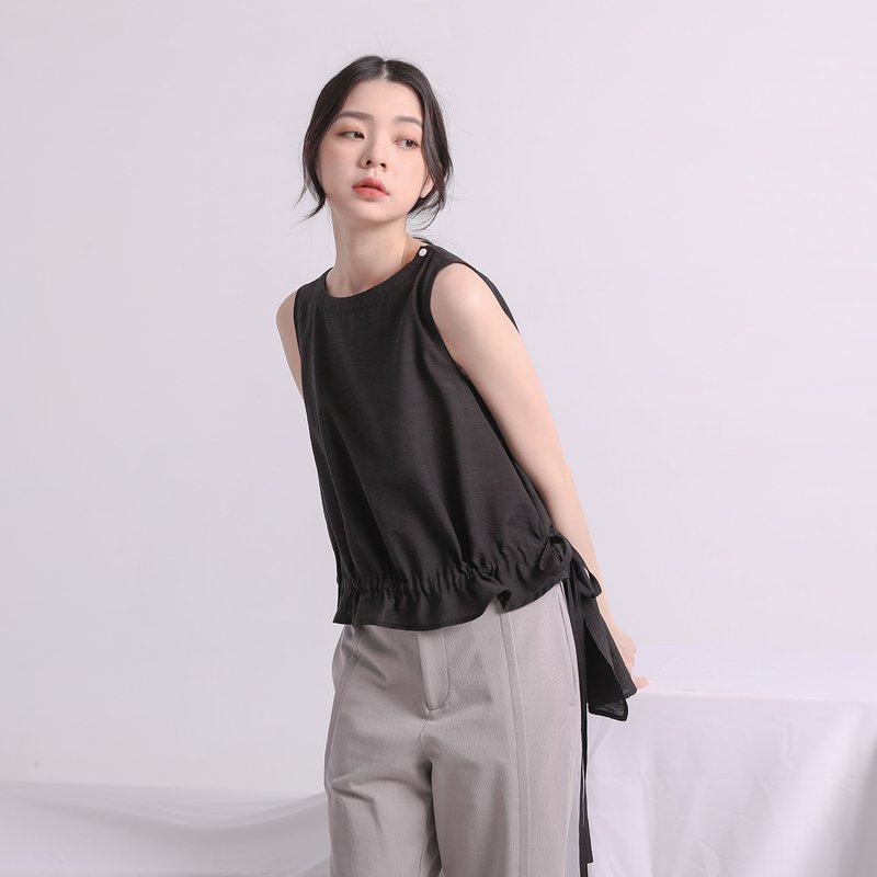 Jieli_結縭皺褶背心_21SF006_寂寞黑 - 背心/無袖上衣 - 棉．麻 黑色