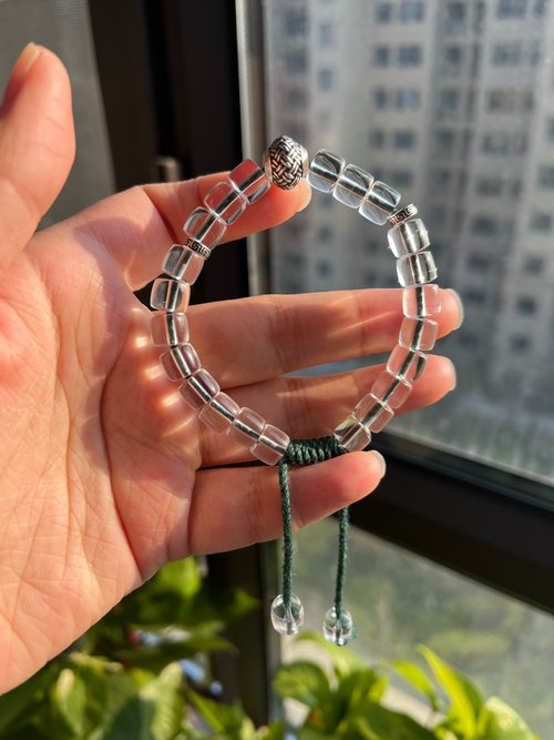 Sri Yantra 10A級天然白水晶直切桶珠手鏈伸縮繩款男女款單圈情侶款純銀手鏈