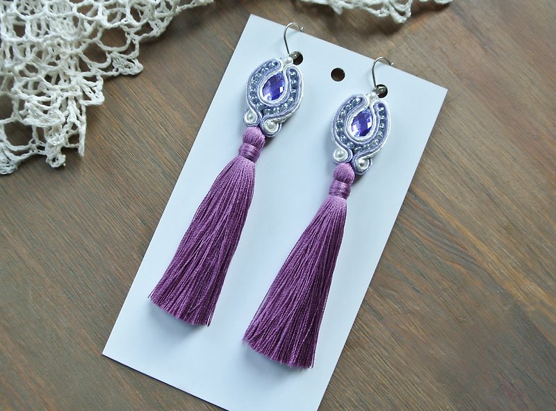 Purple tassel earrings Embroidered soutache Boho Earrings long dangle - Earrings & Clip-ons - Other Materials Purple