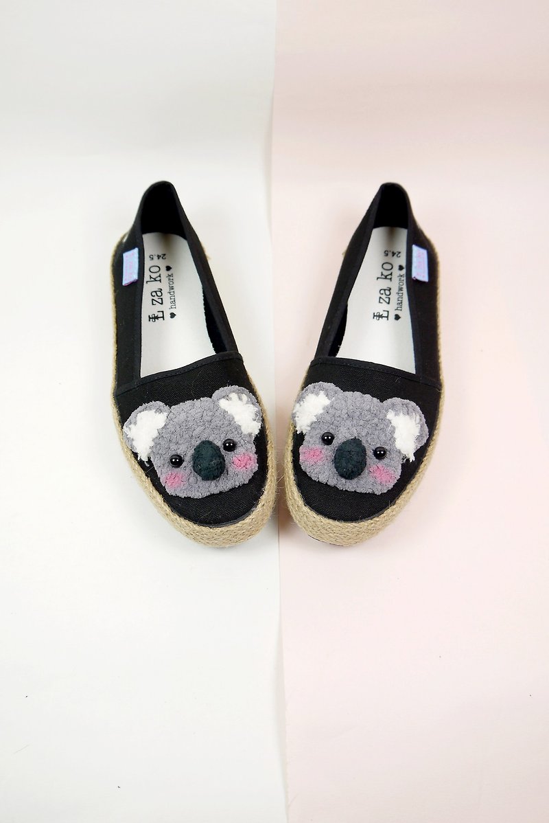 Black cotton hand-made canvas shoes lazy koala bear weaving section - รองเท้าลำลองผู้หญิง - ผ้าฝ้าย/ผ้าลินิน 