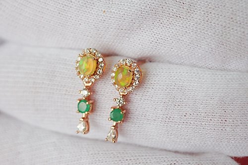 roseandmarry Drop Earrings Natural Opal and Emerald Silver 925 with Rosegod plated