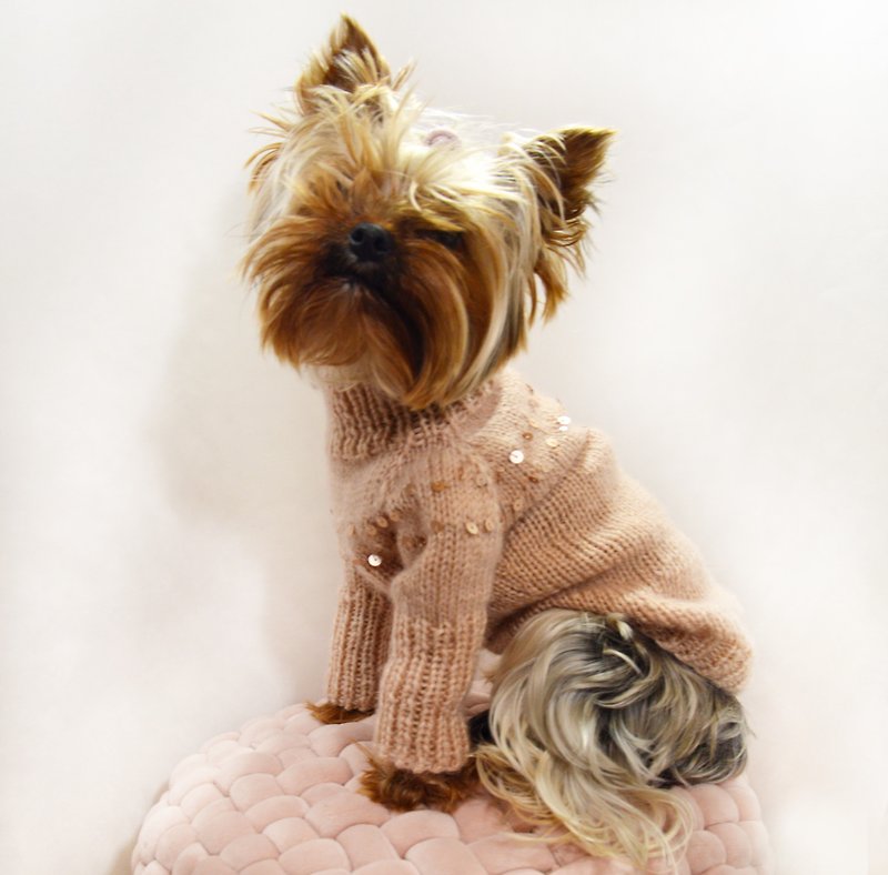 Knit Dog sweaters for small dogs girl . Dog clothes with Sequins - ชุดสัตว์เลี้ยง - ขนแกะ สึชมพู