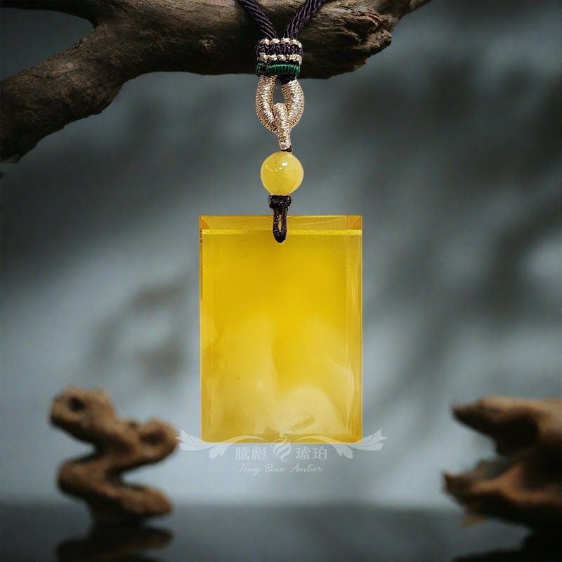 騰彪琥珀 金絞白蜜蠟 平安無事牌 精工直切 黃金導角設計 項鍊 - 項鍊 - 半寶石 黃色