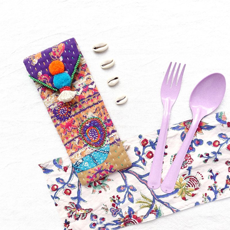 DUNIA made in the world / Kantha Dreams / hand-stitched embroidery cutlery set - hand stitched embroidery cutlery set # grape - ช้อนส้อม - ผ้าฝ้าย/ผ้าลินิน สีม่วง