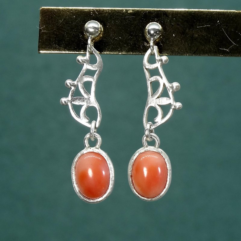 Earrings, Natural Pink Coral, Sterling Silver, Handmade Jewelry - ต่างหู - เครื่องเพชรพลอย 