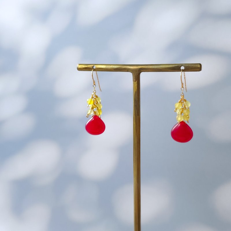 14k gold filled red jade yellow chalcedony small pierced Clip-On - ต่างหู - เครื่องประดับพลอย สีแดง