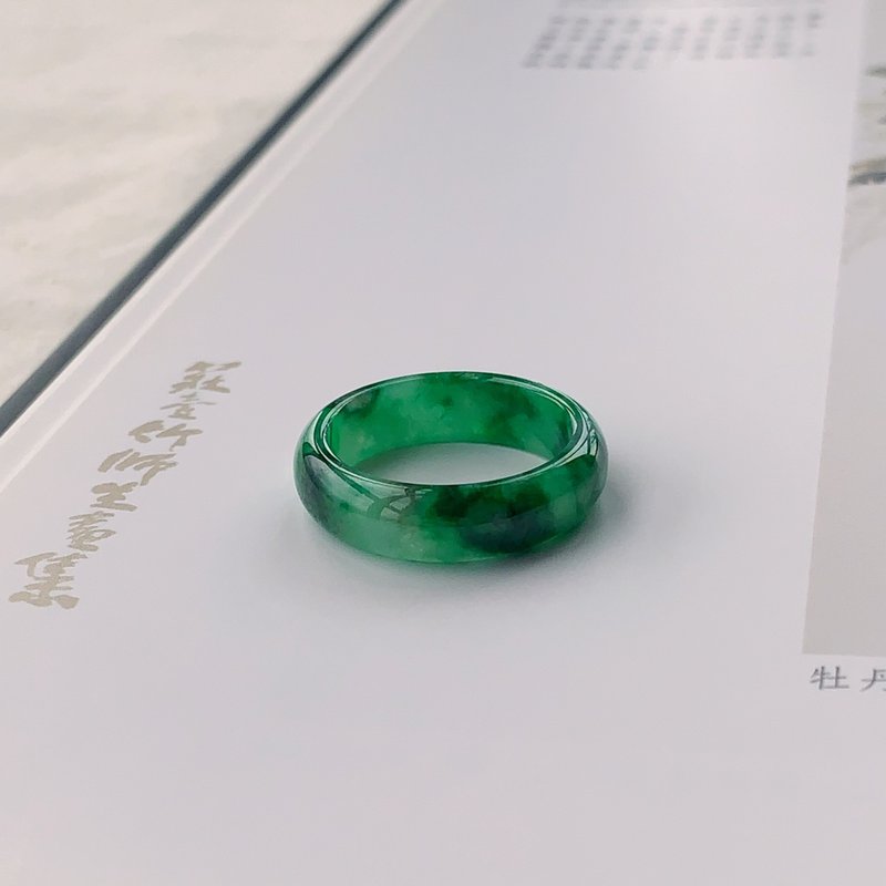 Yuan Cui - Natural Burmese Jade A Grade Flower Green Ring - General Rings - Jade Green