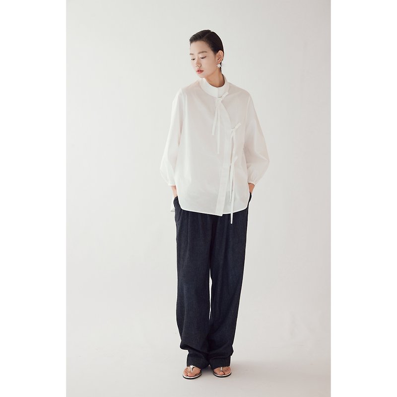 Zhichun  Paper Sense Poplin Skirt Color Matching Shirt - เสื้อเชิ้ตผู้หญิง - ผ้าฝ้าย/ผ้าลินิน ขาว