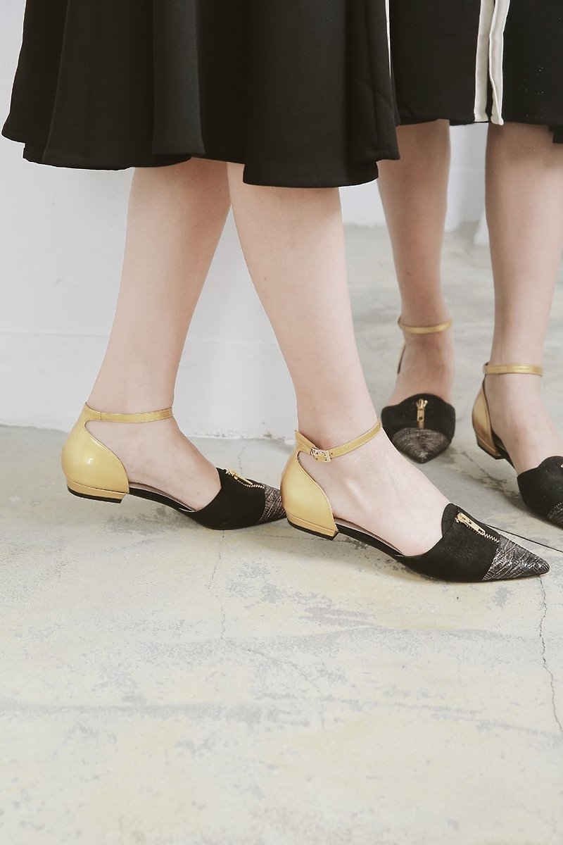 真皮 涼鞋 金色 - 異材質拼接 金屬拉鍊裝飾 繞踝尖頭平底鞋 黑