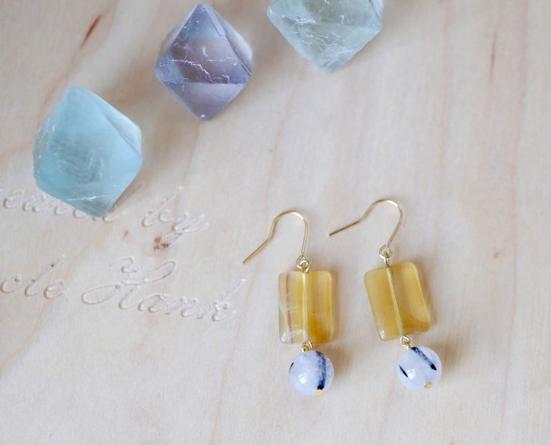 ||黃石||天然石黃銅垂墜耳環。金黃螢石/髮晶 快速出貨 - 耳環/耳夾/耳骨夾 - 水晶 黃色