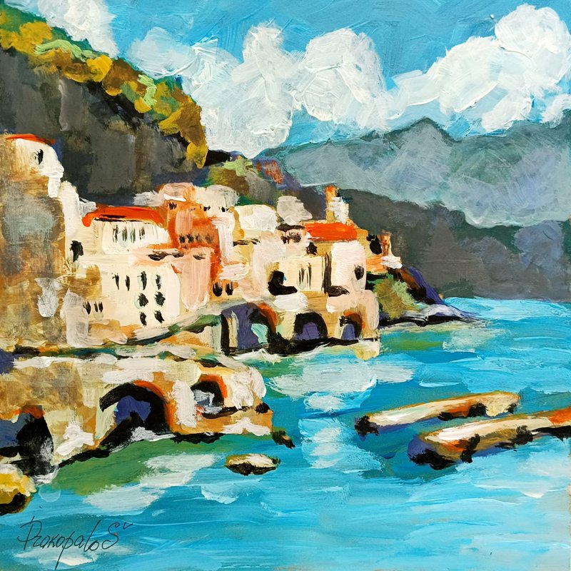 Positano Italy Painting Fruit Original Art Amalfi 10x10 Coast Impasto Art - ตกแต่งผนัง - วัสดุอื่นๆ สีเหลือง