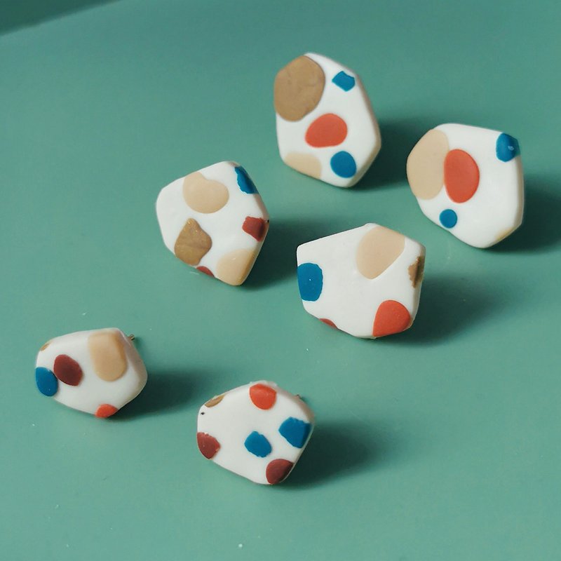 bi geo // terrazzo marble vintage color geometric handmade soft ceramic earrings - Earrings & Clip-ons - Clay Multicolor