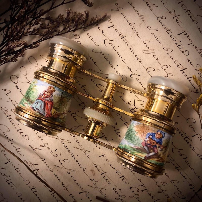 Rare French century-old antique painted binoculars opera spectacles - อื่นๆ - ทองแดงทองเหลือง สีกากี