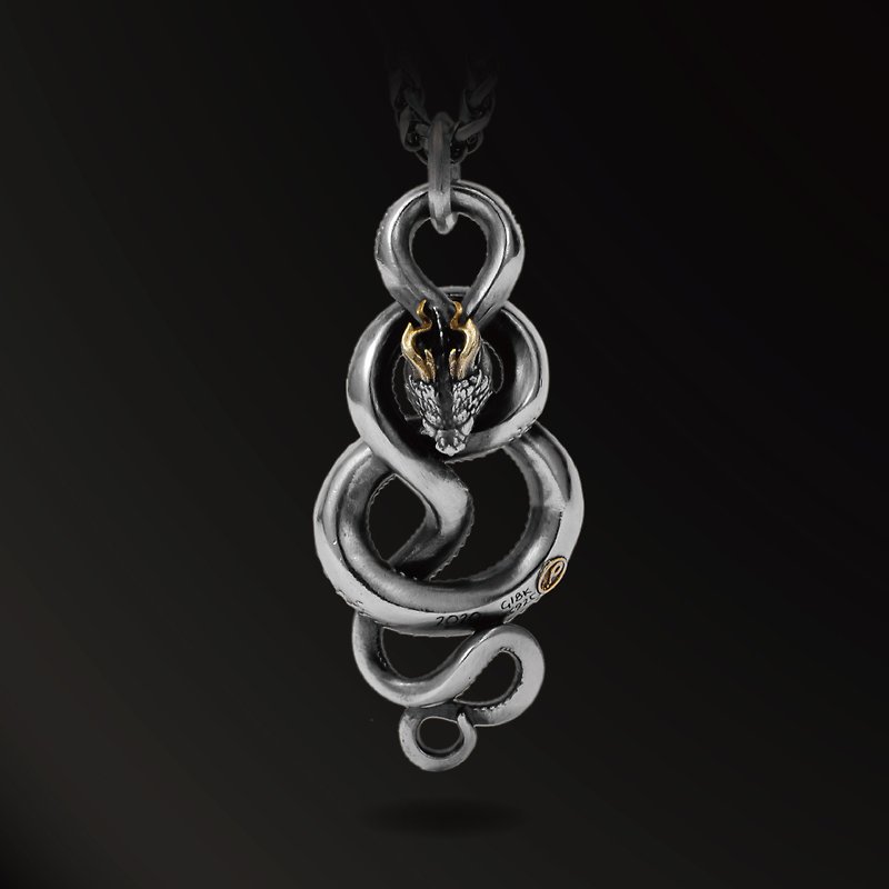 Infinity Symbol Horned Snake 925 Silver Pendant 18k Gold Dark Black Men's Jewelry Snake Shape - สร้อยคอ - เงิน สีเงิน