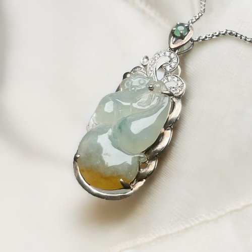 瓔珞珠寶盒 E.L.Jewelry Box 冰綠飄黃翡翠葫蘆猴925純銀鑲嵌項鍊 | 天然緬甸玉翡翠A貨