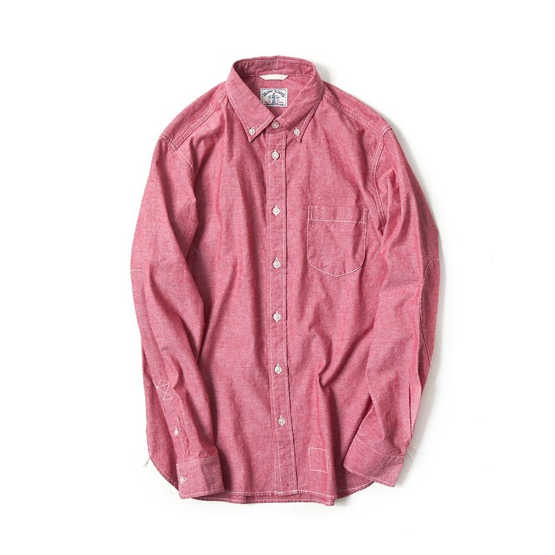 Japanese Chambray Long Sleeve Elbow Patch Shirt in Red - Men's Shirts - Cotton & Hemp Red