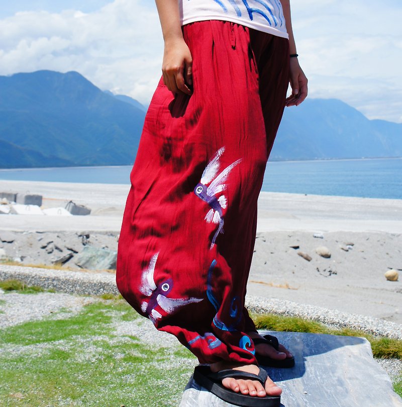 Hand-dyed cotton Linen pants double wave flying fish (neutral models / trousers / pants) - Women's Shorts - Cotton & Hemp 