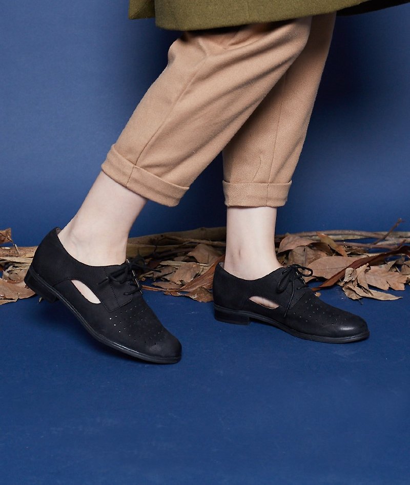 [Quiet Night] Hollow Hollow Leather Derby Shoes_Mo Stone Black - Women's Oxford Shoes - Genuine Leather Black