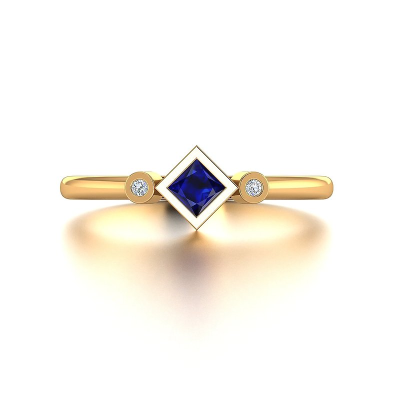 【輕珠寶】18K方型藍寶石鑲鑽線戒戒指 簡約婚戒訂製 R045 - 戒指 - 寶石 藍色