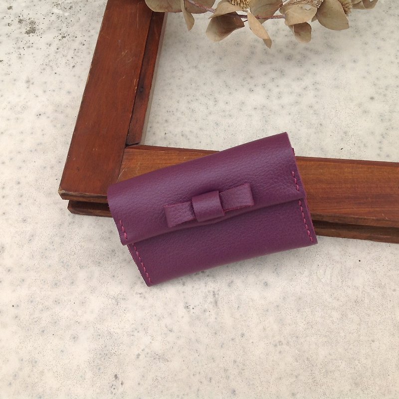 Bow card holder, credit card holder, business card holder, card sets, hand-stitched, leather purple - ที่เก็บนามบัตร - หนังแท้ สีม่วง