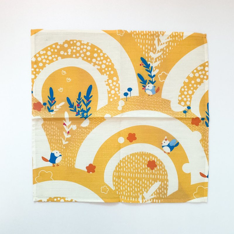 [Fast Shipping] Dim Sum Hills and Birds - Yellow | Original illustration of printed cotton square scarf - ผ้าเช็ดหน้า - ผ้าฝ้าย/ผ้าลินิน สีเหลือง