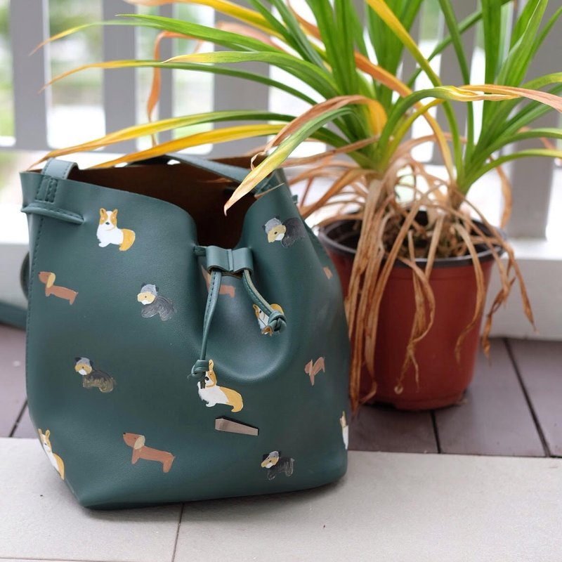 Dog Bucket Bag - 側背包/斜背包 - 真皮 綠色
