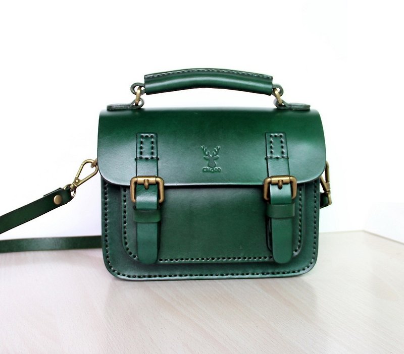 Vintage classic mini Cambridge bag, green messenger bag, leather college bag, vegetable tanned leather ladies bag, double buckle shoulder bag - กระเป๋าแมสเซนเจอร์ - หนังแท้ 
