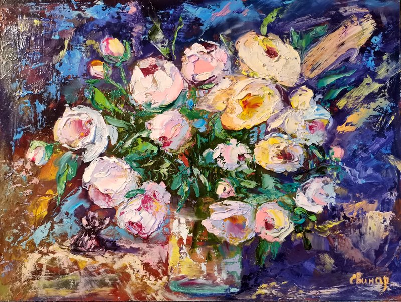 Peonies Glass Vase Candy Oil Painting Flower Impasto Original Artist Svinar Ok - Other - Other Materials Multicolor