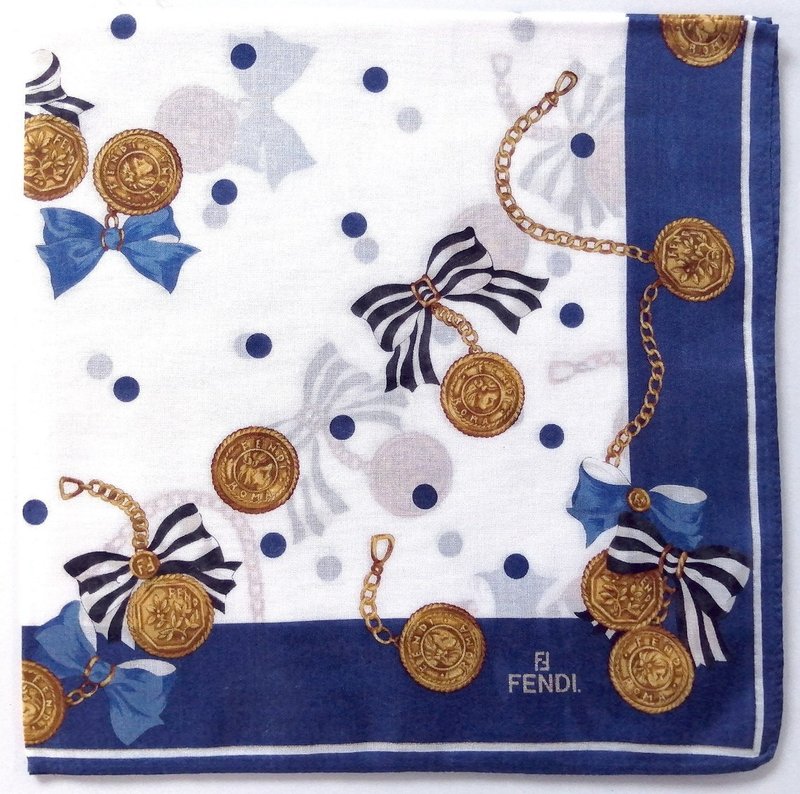 Vintage Fendi Handkerchief – Gold Medallion & Bow Print 18 x 18 inches - 手帕 - 棉．麻 藍色