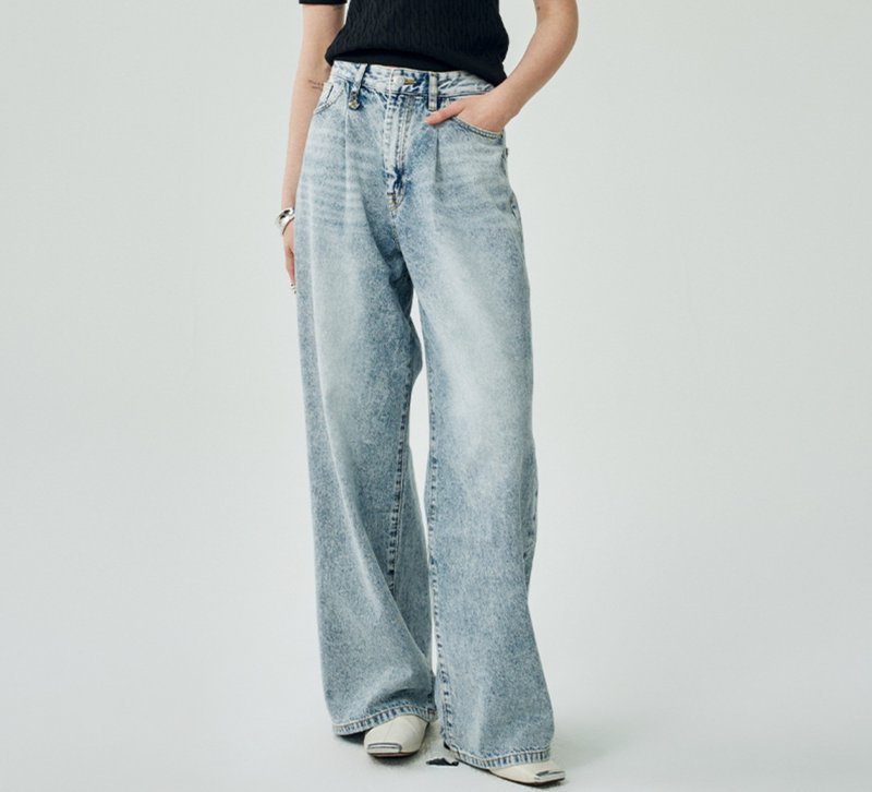 [Sophisticated Tencel] French Minimalism / Relaxed Fit Wide-Leg / Slimming Jeans - กางเกง - ผ้าฝ้าย/ผ้าลินิน สีน้ำเงิน