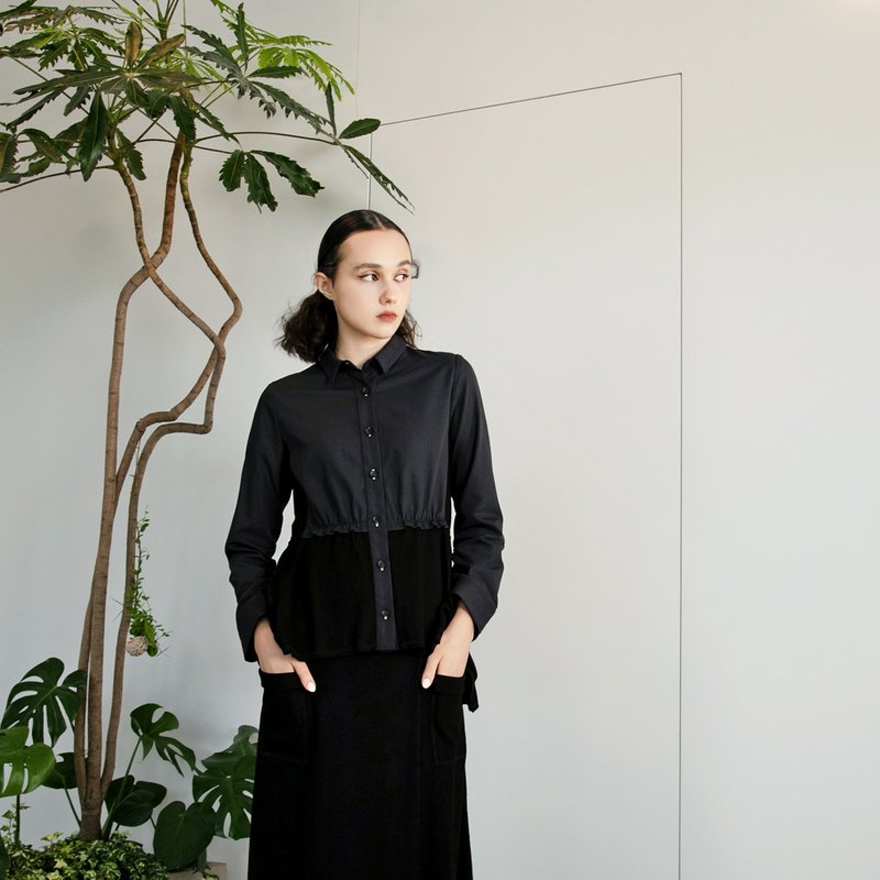 Yuyu wave stitching long-sleeved shirt - เสื้อเชิ้ตผู้หญิง - ผ้าฝ้าย/ผ้าลินิน สีดำ