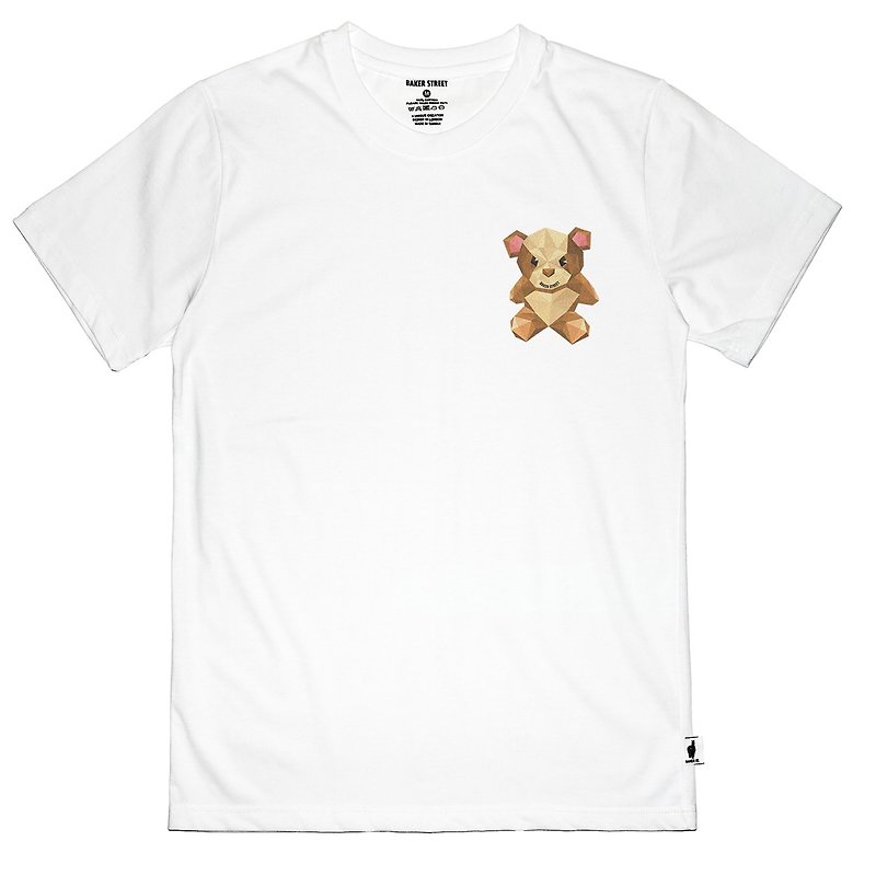 【英國 Baker Street 貝克街】中性版 - 純棉短袖T - 3D泰迪熊 - 男 T 恤 - 棉．麻 白色