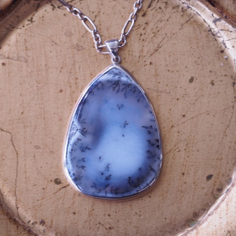 天然樹枝蛋白 雪松石 大顆 Dendritic Opal 手工純銀項鍊 - 項鍊 - 半寶石 白色