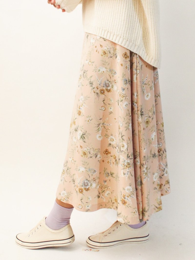 復古日本製甜美浪漫小碎花朵粉色古著長裙 - 裙子/長裙 - 聚酯纖維 粉紅色