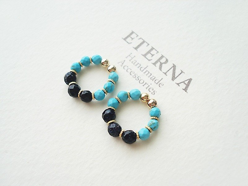 Blue Goldstone and Magnesite turquoise, tiny hoop earrings 夾式耳環 - Earrings & Clip-ons - Stone Blue
