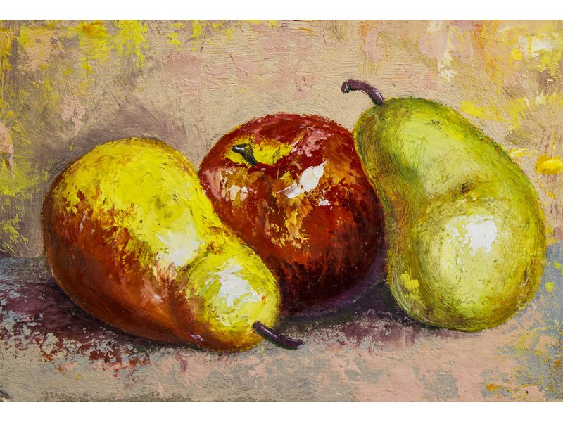 Pears Painting Apple Original Art Fruit Artwork Food Still Life Oil Painting - โปสเตอร์ - วัสดุอื่นๆ สีส้ม