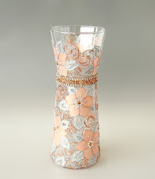NeA Glass Glass Vase Rose Gold Silver Swarovski Crystals HandPainted