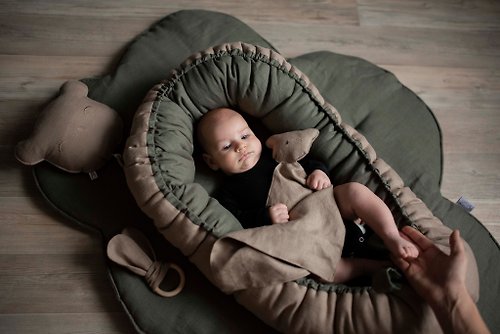 Cot and Cot Dark Green Linen (flax) baby nest for a girl or boy - baby sleeping bed -