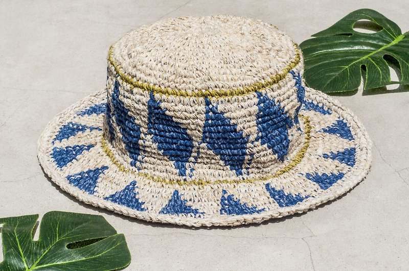 手工鈎織棉麻帽 漁夫帽 遮陽帽 草帽 編織帽-南美風 藍色太陽光芒 - 帽子 - 棉．麻 藍色