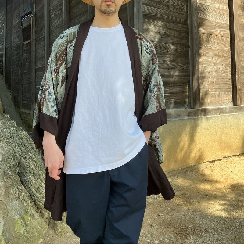 ジャパンヴィンテージ ヘリンボーン羽織 粋な羽裏デザイン メンズ着物アウター - 男夾克/外套 - 其他材質 咖啡色