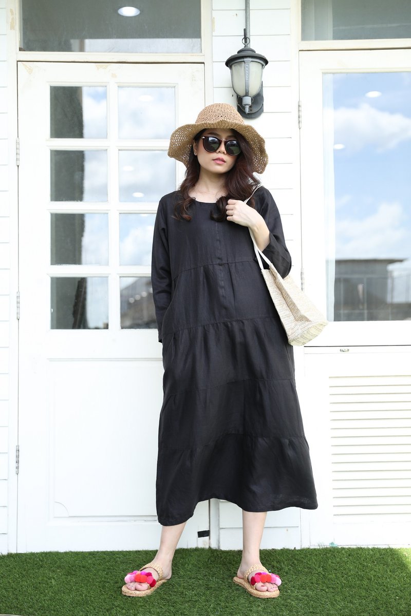Natural Linen Maxi Dress - Black - 洋裝/連身裙 - 亞麻 黑色