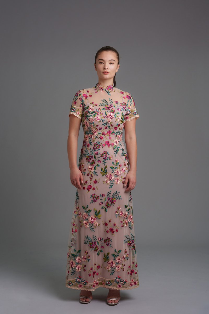蓮花短袖絲質旗袍長禮服 |晚裝新娘禮服|香港設計|古典|氣質|中西 - 旗袍/改良式旗袍 - 聚酯纖維 粉紅色