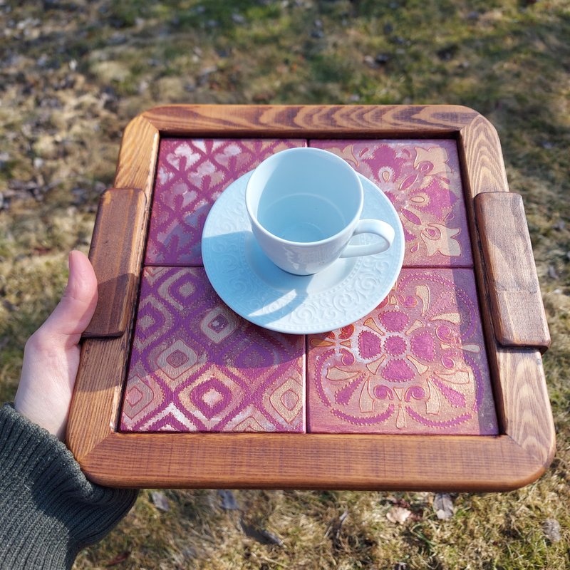 Wood coffee tray with handpainted wood tiles - ถาดเสิร์ฟ - ไม้ สึชมพู