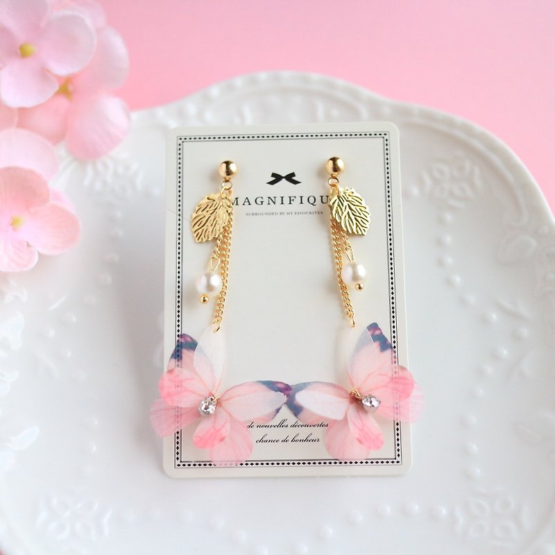 粉色珍珠金葉子水鑽石雙層360度花式立體櫻花朵真絲紗蝴蝶垂墜耳環﹣耳針/耳夾式 - 耳環/耳夾 - 植物．花 粉紅色
