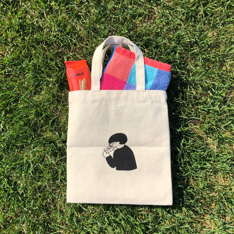 mini tote bag / Reading Boy / 絲網印刷 - 手拿包 - 棉．麻 白色