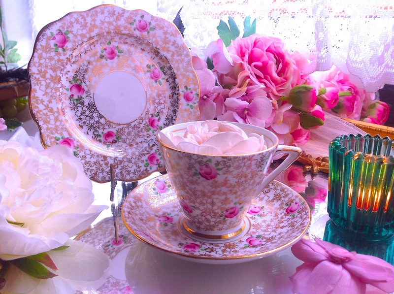 ♥ Anne Crazy Antique ♥ British Bone Porcelain UK 1925 Hand-painted Rose 24k Golden Lace Flower Flower Cup, Coffee Cup 3pcs - Teapots & Teacups - Porcelain Multicolor
