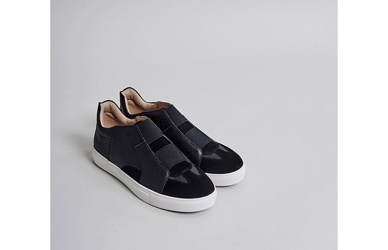 Geometric color block stitching high tube bandage casual shoes black - Women's Casual Shoes - Genuine Leather Black